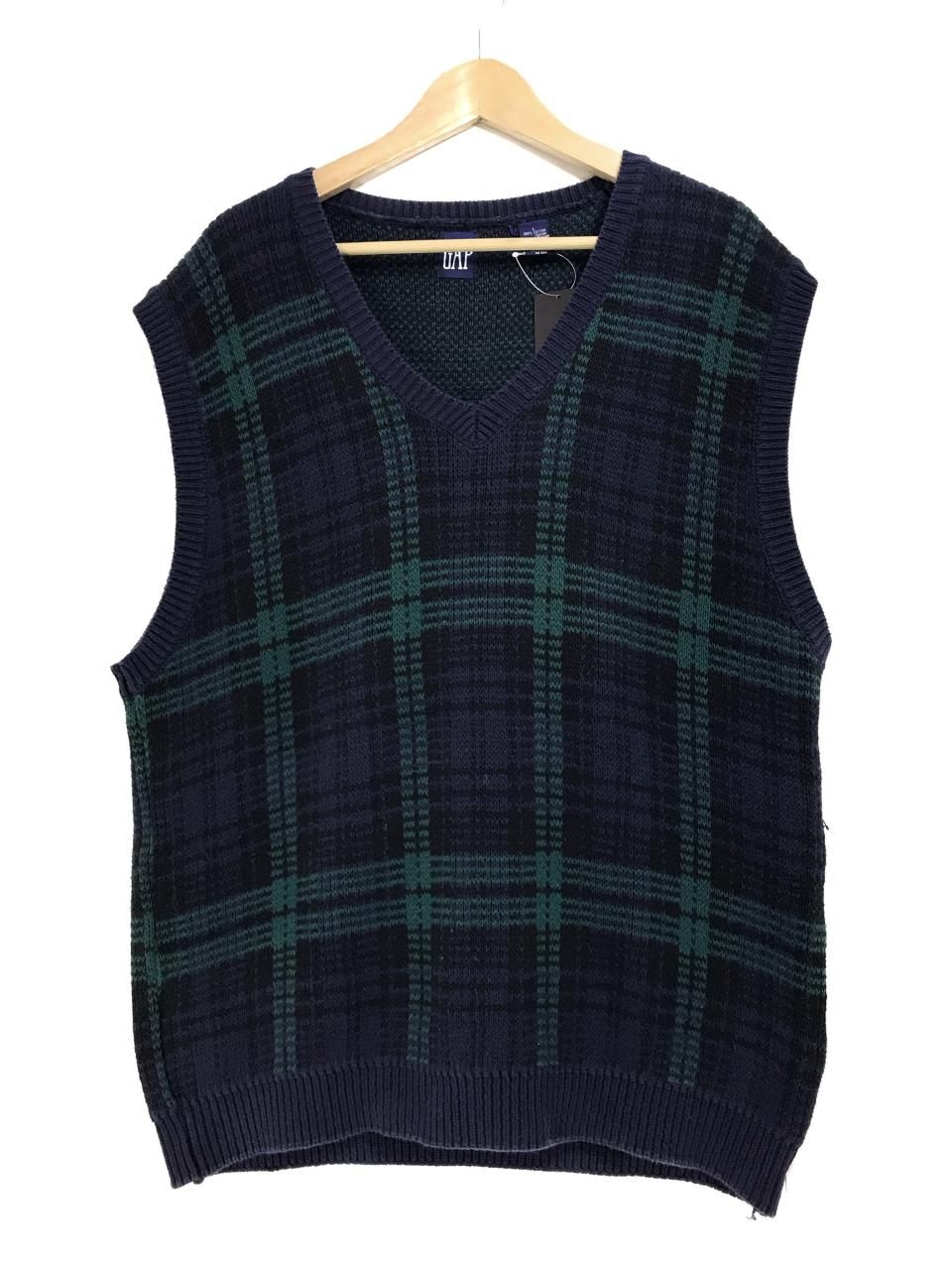 90s OLD GAP Black Watch Cotton V-Neck Vest 紺緑 L オールドギャップ 