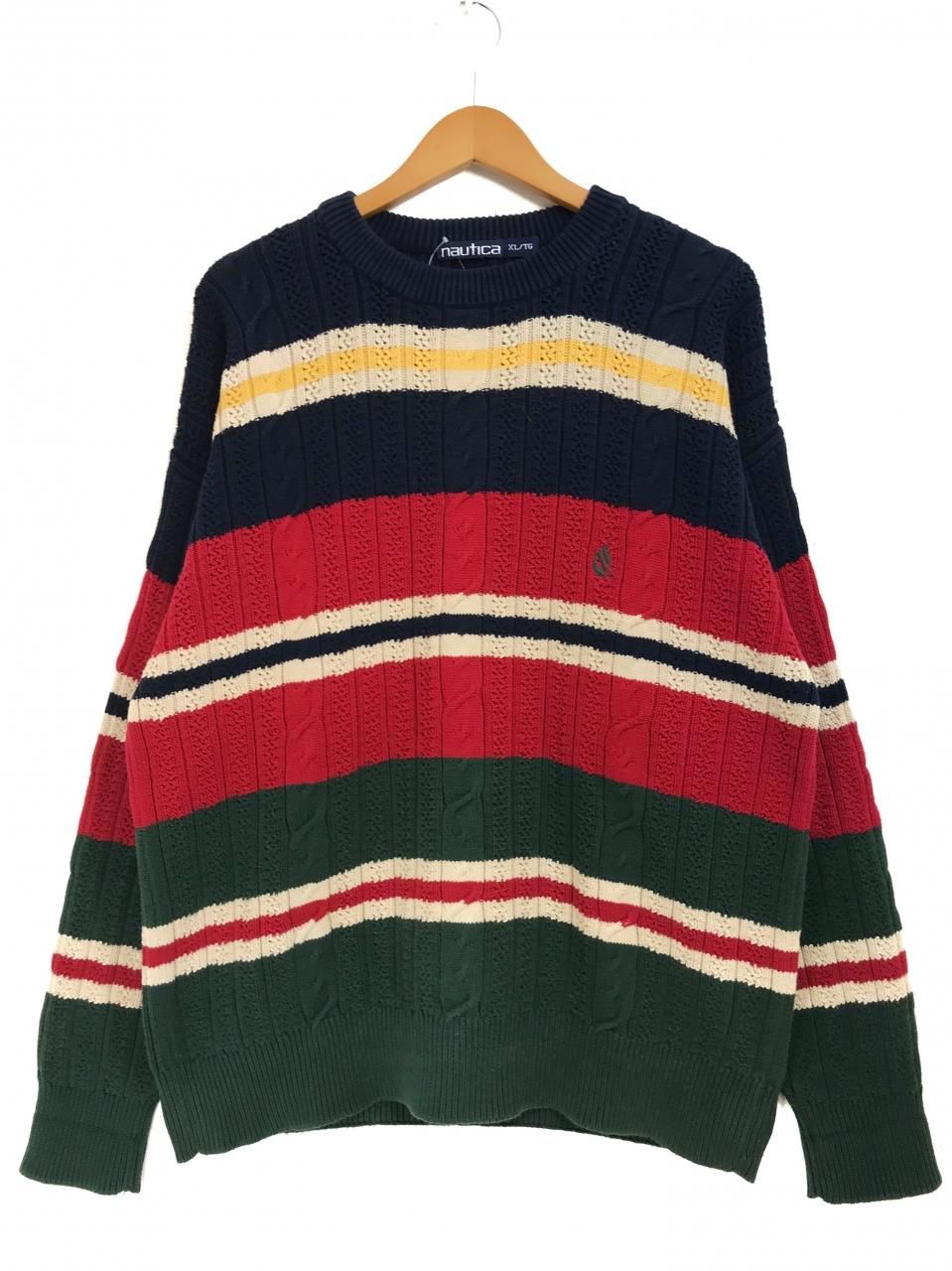 90s NAUTICA Multi Border Cotton Knit 紺赤緑 XL ノーティカ マルチ 