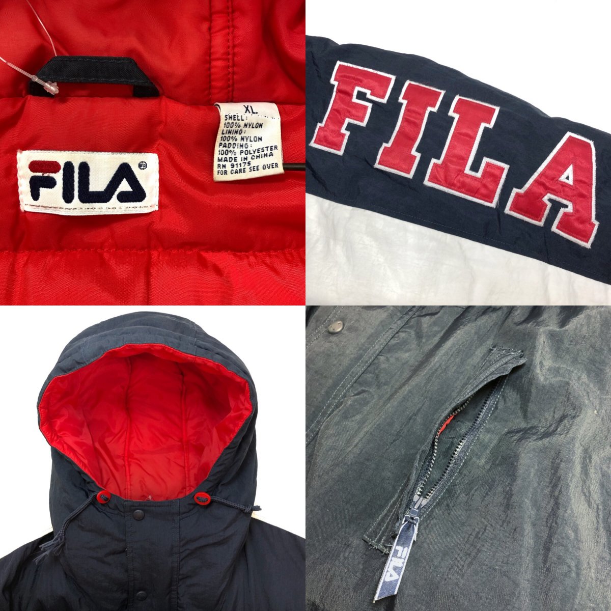 90s FILA Padding Hooded Nylon Jacket トリコロール XL フィラ 中綿 ...