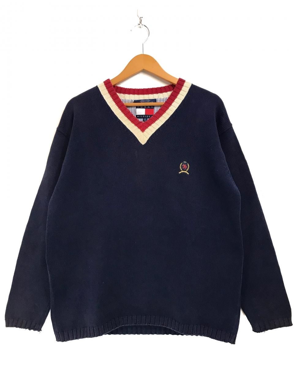 90s TOMMY HILFIGER V-Neck Cotton Knit 紺 M トミーヒルフィガー V