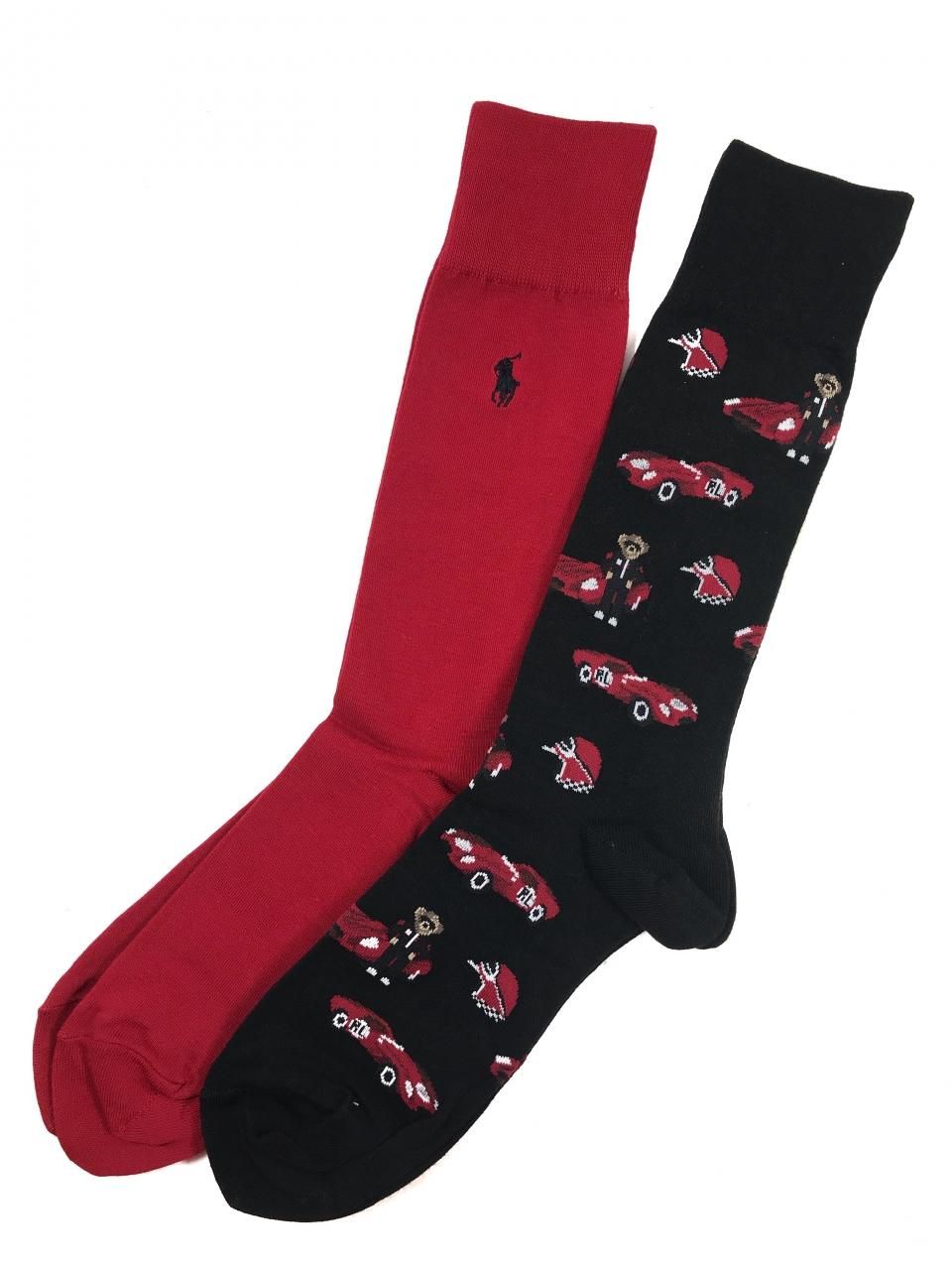 新品 Polo Ralph Lauren Race Car Bear Hi socks 2-Pack 黒赤 ポロ