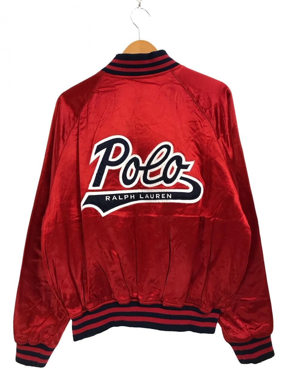 90s POLO SPORT Script Logo Satin Varsity Jacket 赤 M ポロスポーツ