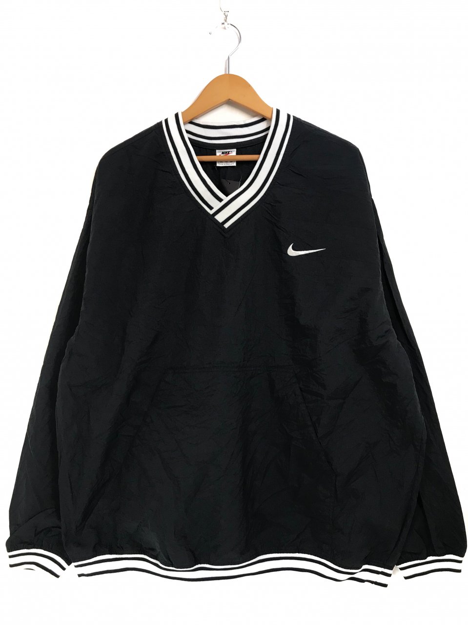 90s NIKE V-Neck Logo Nylon Pullover Jacket 黒白 XL 銀タグ ナイキ V 