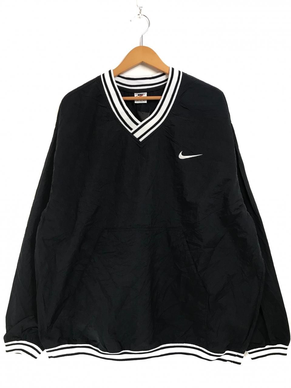 90s NIKE V-Neck Logo Nylon Pullover Jacket 黒白 XL 銀タグ ナイキ V 