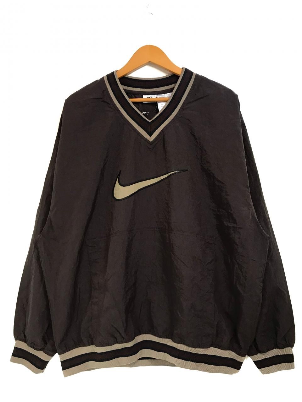 90s NIKE V-Neck Logo Nylon Pullover Jacket 茶カーキ L 銀タグ