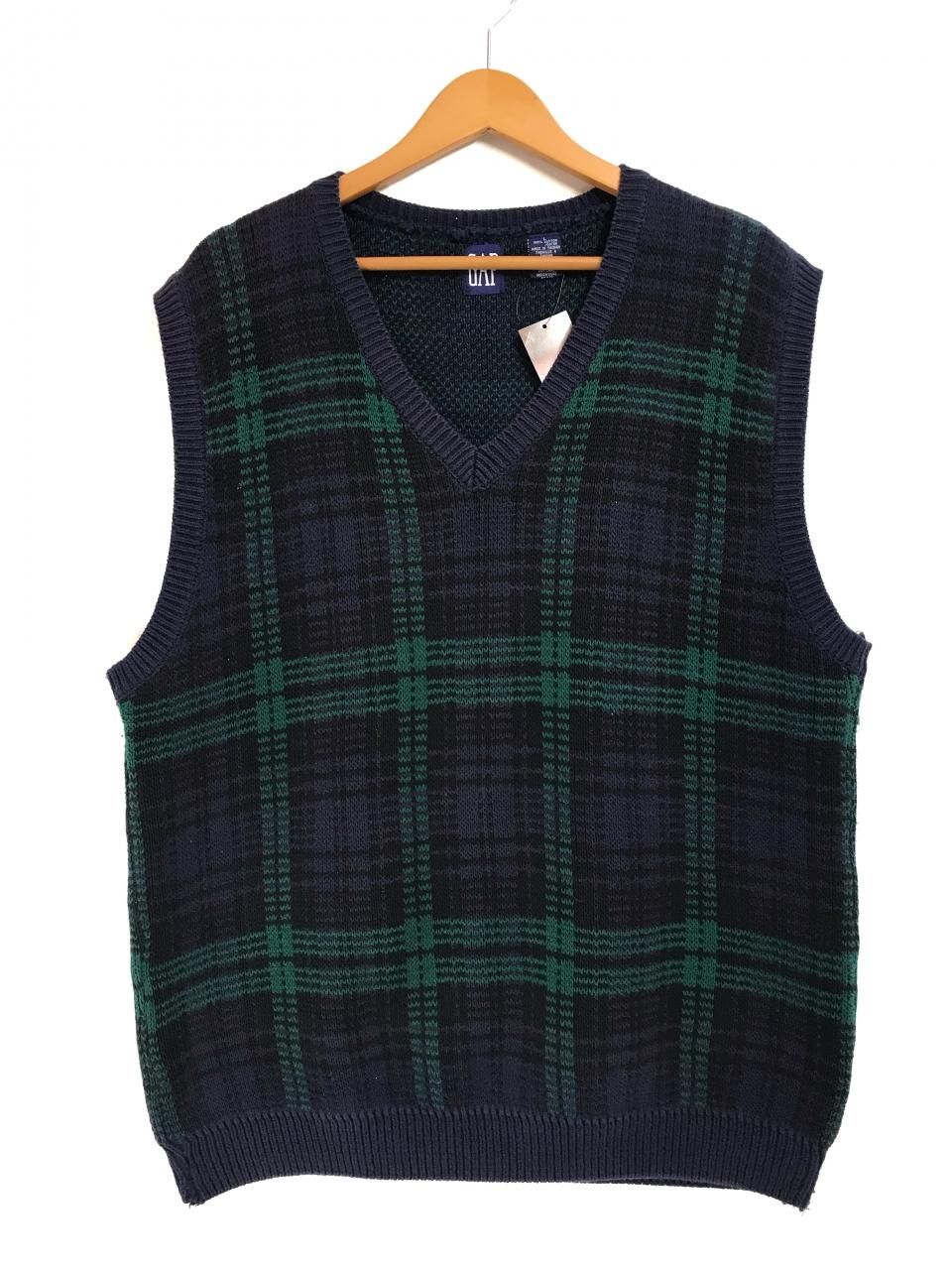 90s OLD GAP Black Watch V-Neck Cotton Knit Vest 紺緑 L オールド