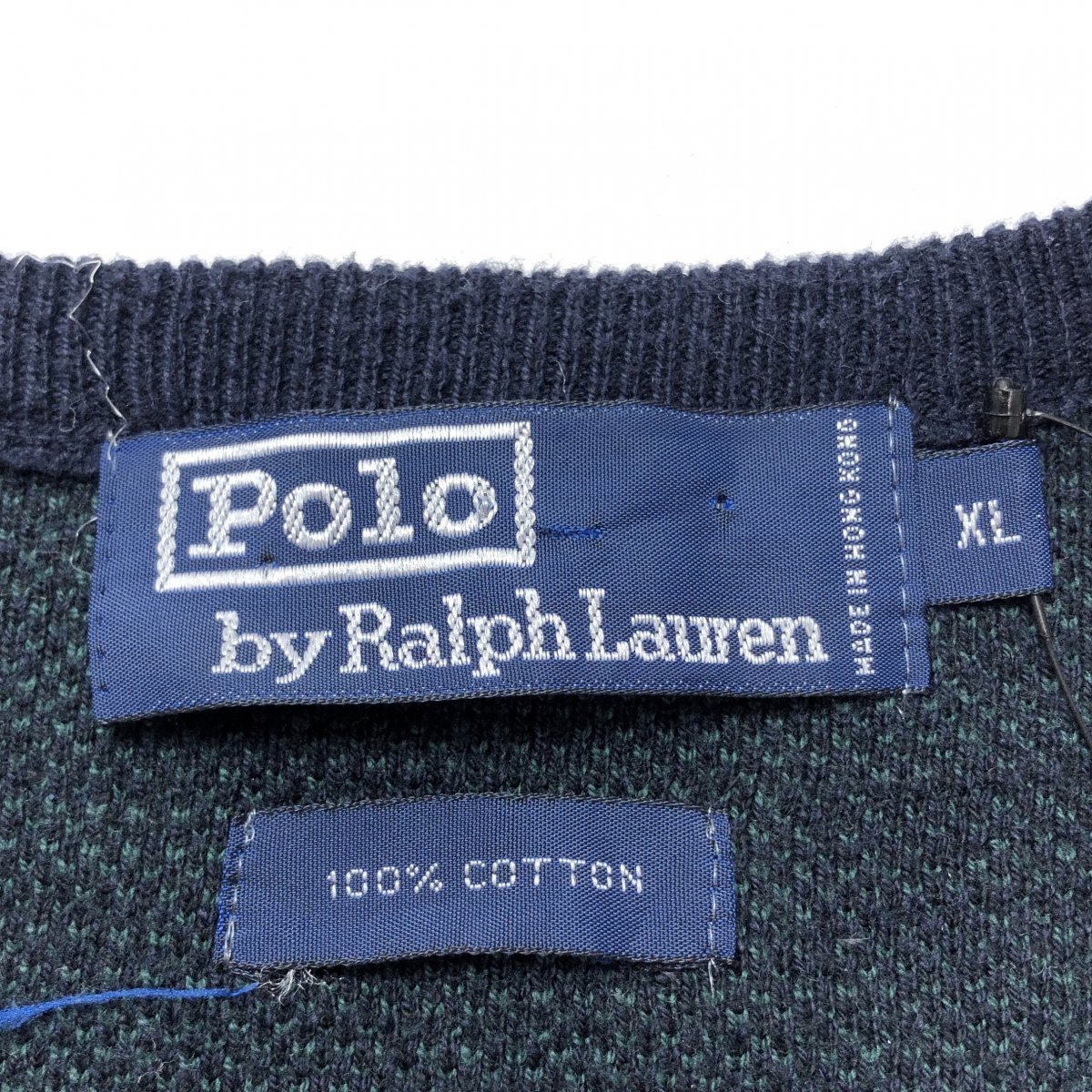 90s Polo Ralph Lauren Black Watch V-Neck Cotton Knit Vest 紺緑 XL 