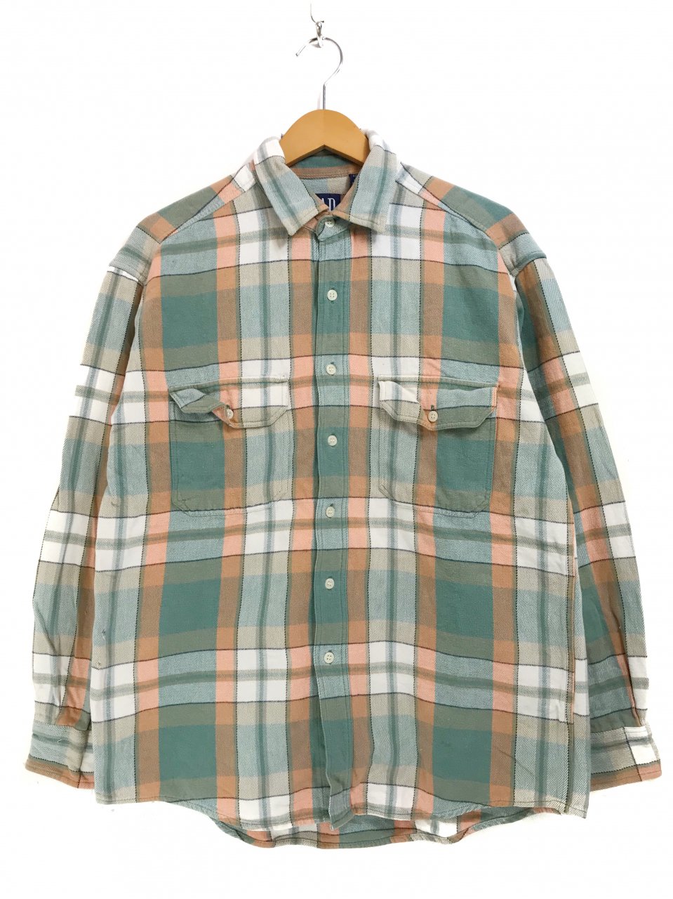 90s OLD GAP Check Flannel L/S Shirt 緑オレンジ M オールドギャップ