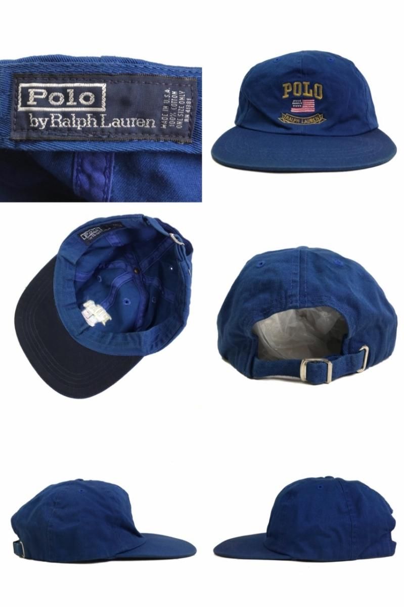 USA製 90s Polo Ralph Lauren Logo 6 Panel Cap 青 ポロ ラルフ