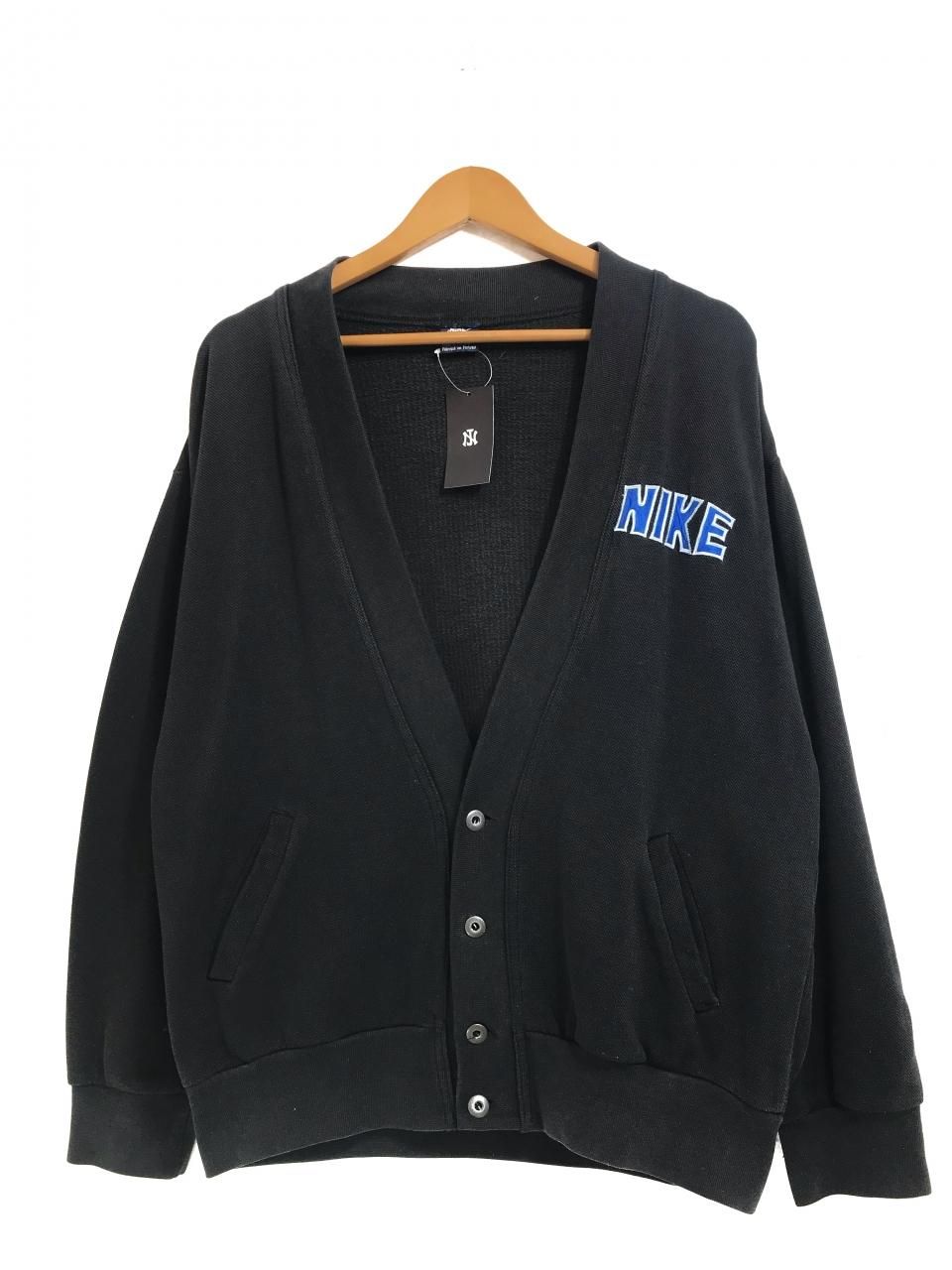 80s NIKE Logo Cotton Pique Sweat Cardigan 黒青 M 紺タグ 80s NIKE Logo Cotton Pique Sweat Cardigan 黒青 M 紺タグ