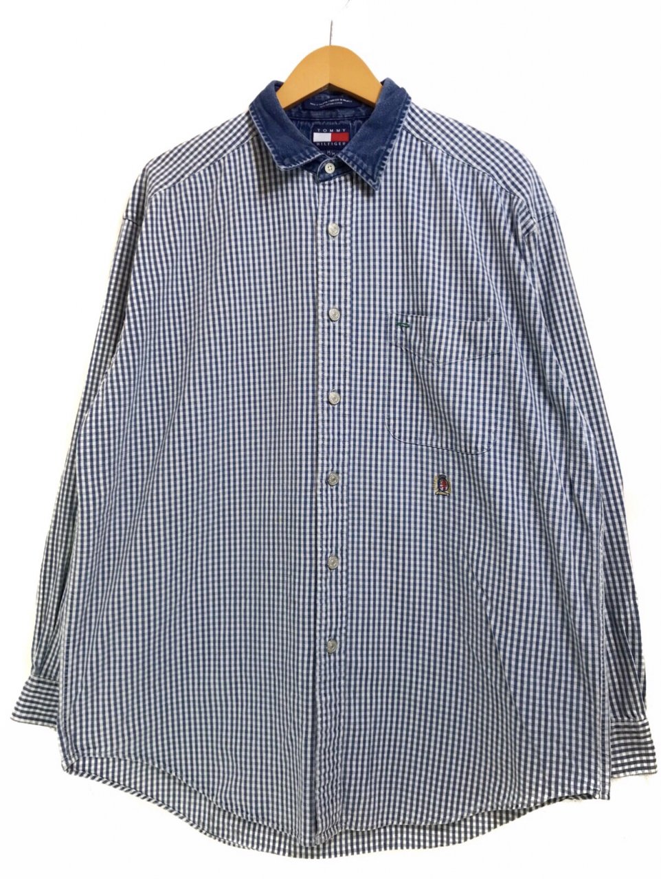 90s TOMMY HILFIGER Gingham Check Cotton L/S Shirt 青白 M トミー