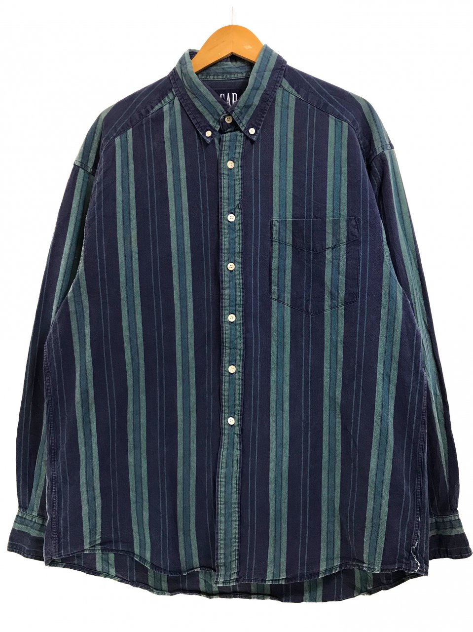 90s OLD GAP Multi Stripe Cotton BD L/S Shirt 紺緑 XL オールド