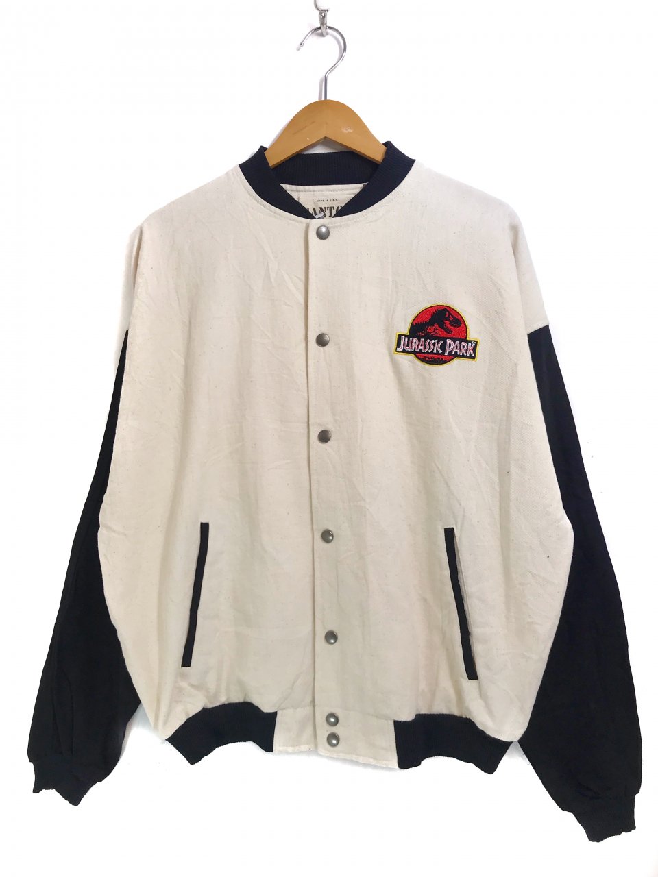 USA製 90s JURASSIC PARK Cotton Varsity Jacket 生成り黒 L 92年