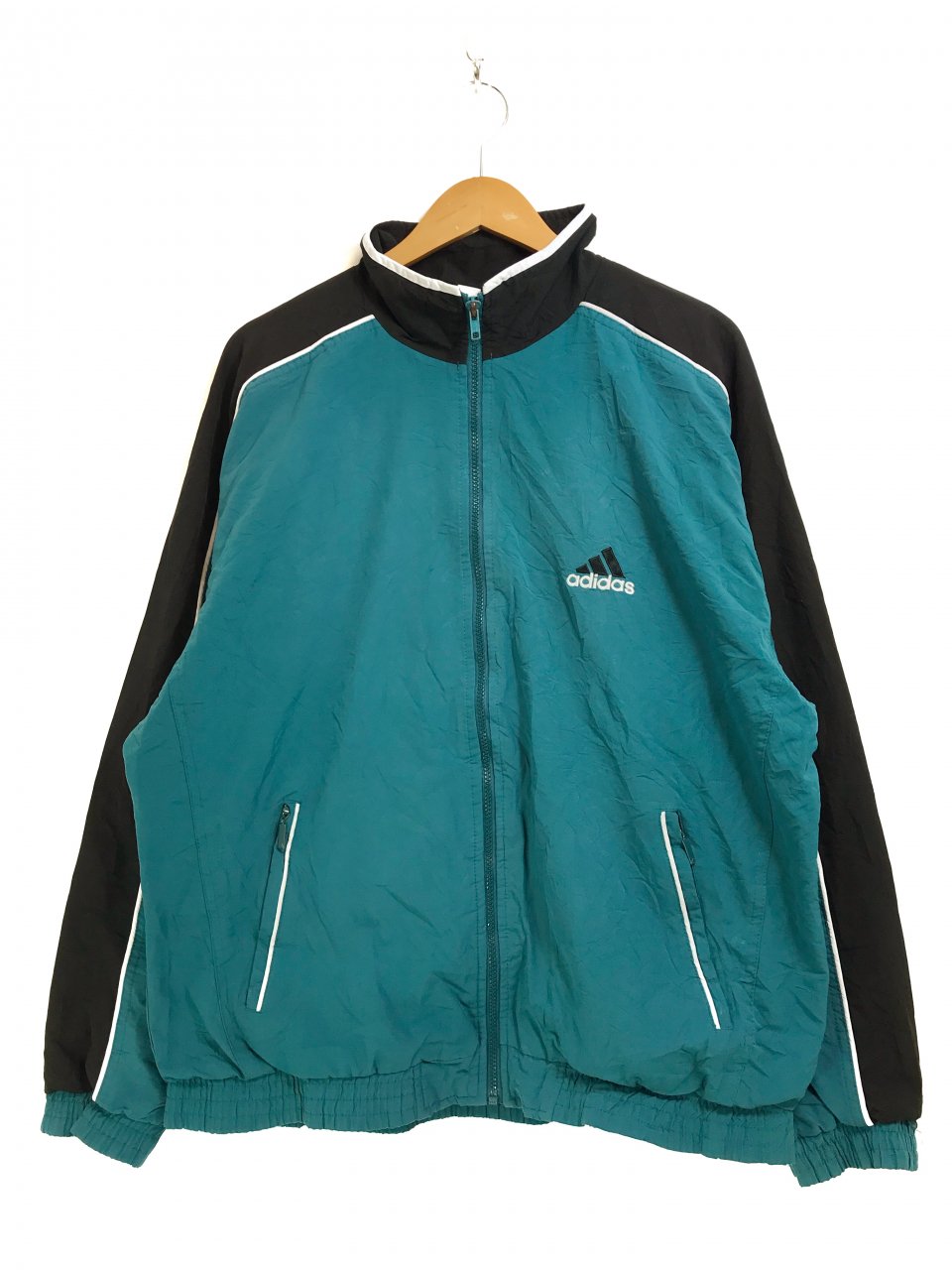 90s adidas Logo Nylon Jacket 青黒 L アディダス ナイロンジャケット パフォーマンスロゴ 刺繍 エメラルドグリーン  ブラック NEWJOKE ONLINE STORE