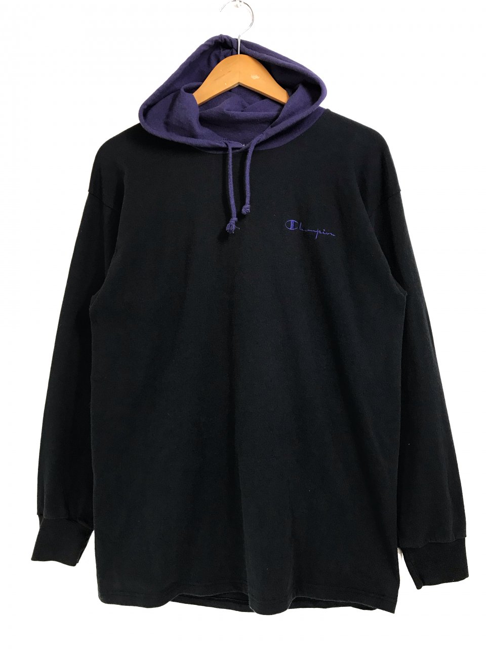 USA製 90s Champion Cotton Hooded L/S Tee 黒紫 L チャンピオン フード付き 長袖 Tシャツ フードロン