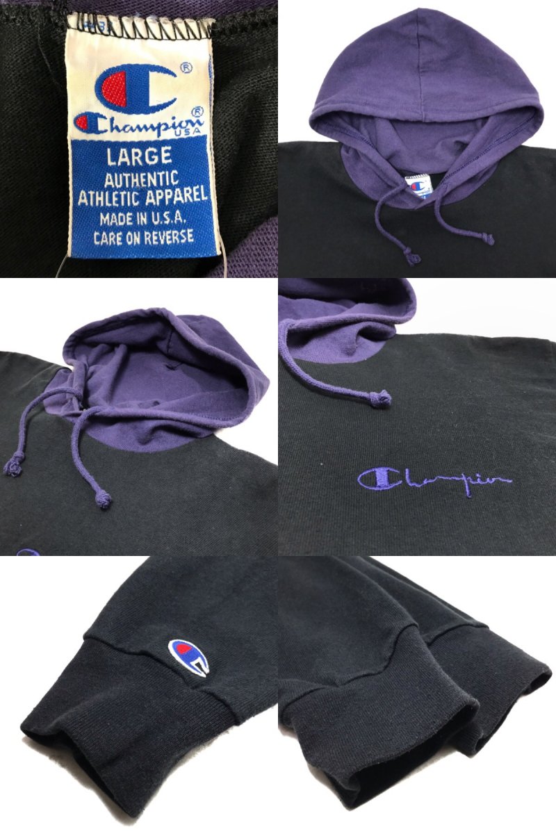 USA製 90s Champion Cotton Hooded L/S Tee 黒紫 L チャンピオン