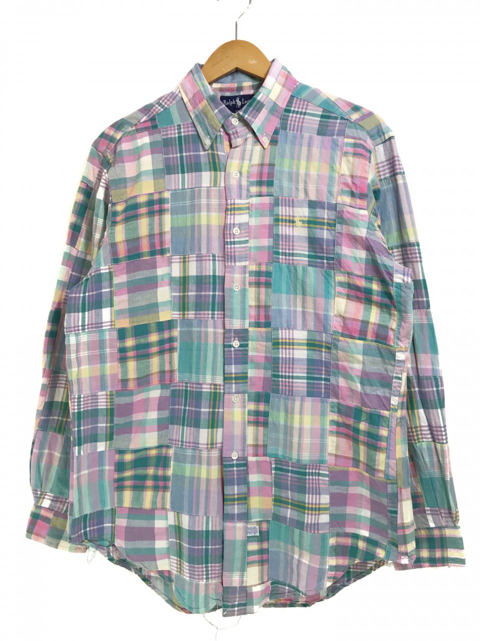 90s Polo Ralph Lauren Check Patchwork BD L/S Shirt ピンク緑 L ポロ 