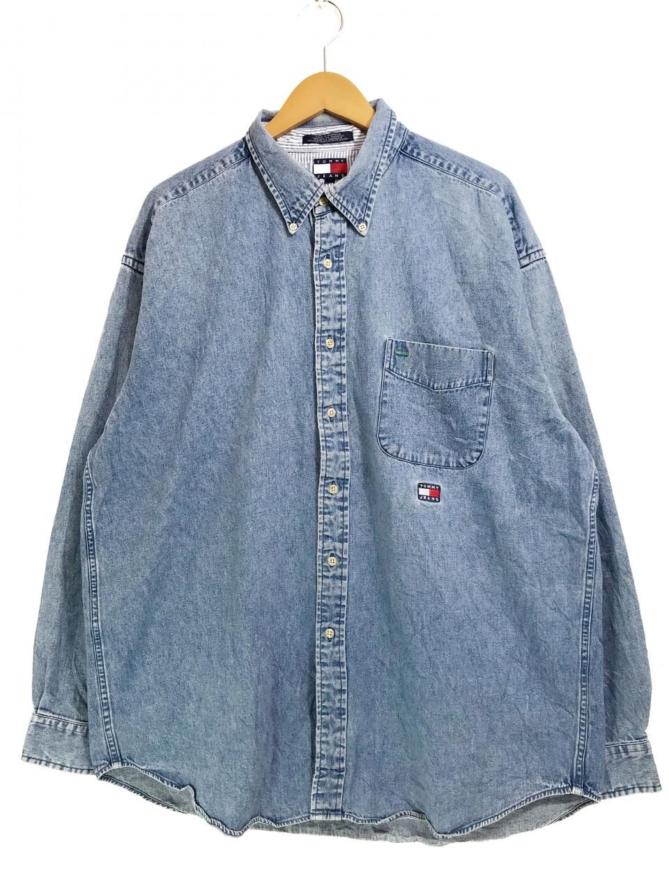 90s TOMMY HILFIGER Denim BD L/S Shirt 薄青 XL トミーヒルフィガー トミージーンズ 長袖 デニムシャツ  ボタンダウン フラッグ ロゴ 刺繍 ワンポイント - NEWJOKE ONLINE STORE