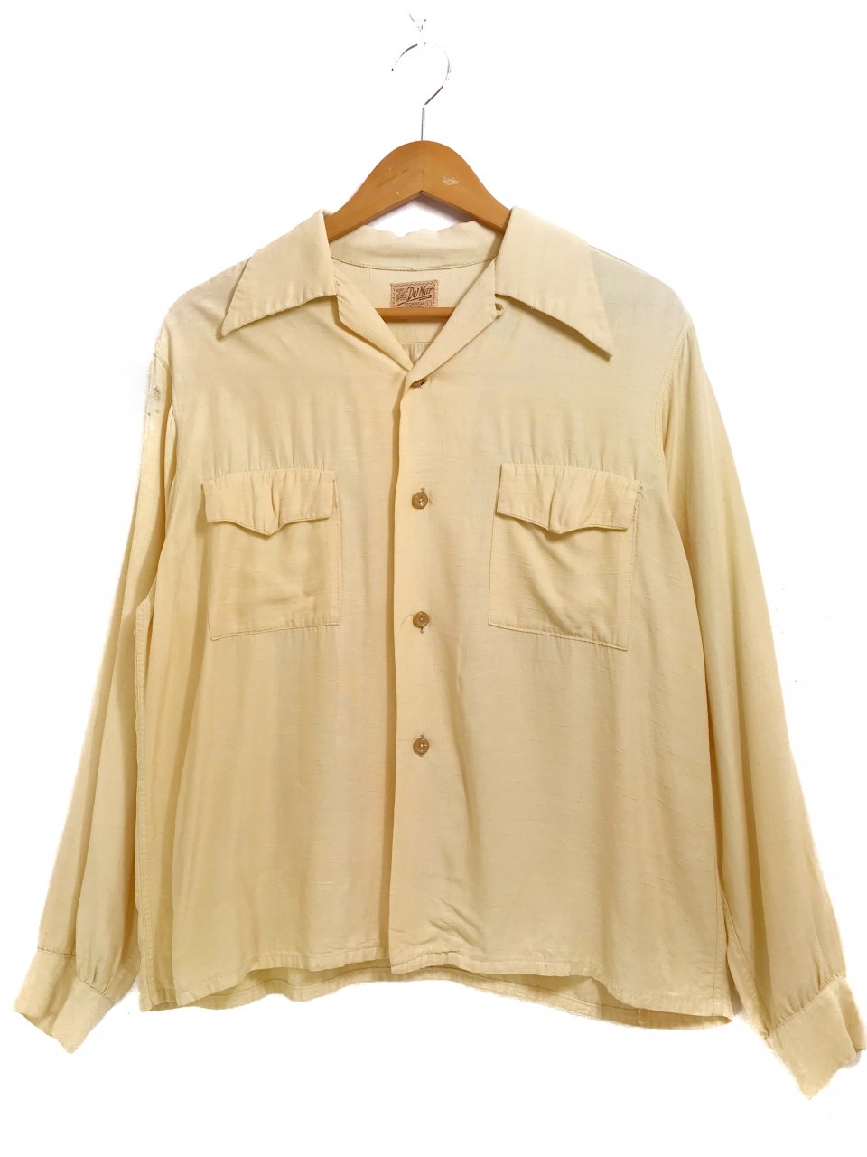 USA製 50s Del Mar Rayon Open Collar L/S Shirt 薄黄 L 長袖 レーヨン 