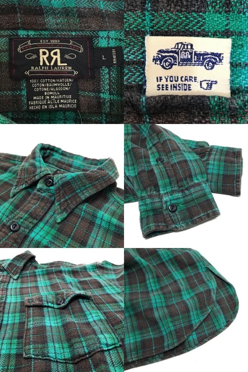 90s RRL Check Flannel L/S Shirt 緑茶 L 初期 三つ星 ダブルアール