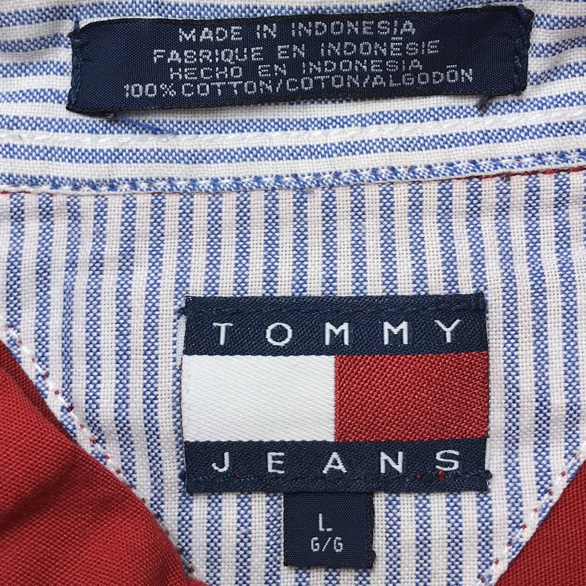 90s TOMMY JEANS Logo Tape Cotton L/S Shirt 赤 L トミージーンズ 