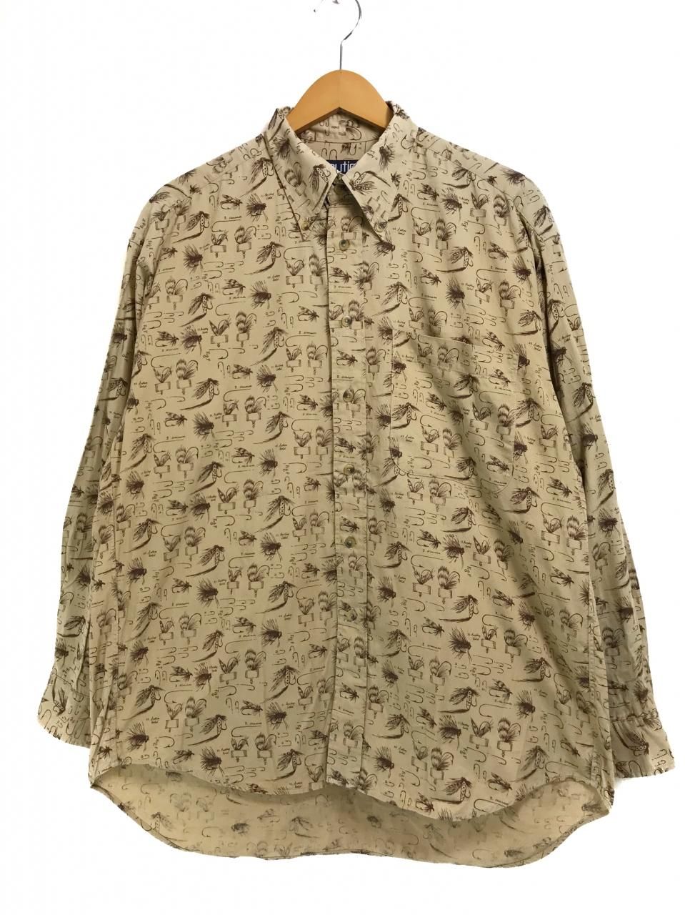 90s NAUTICA Lure Pattern Cotton BD L/S Shirt ベージュ L ノーティカ 長袖 シャツ ボタンダウン  ルアー柄 総柄 カーキ - NEWJOKE ONLINE STORE