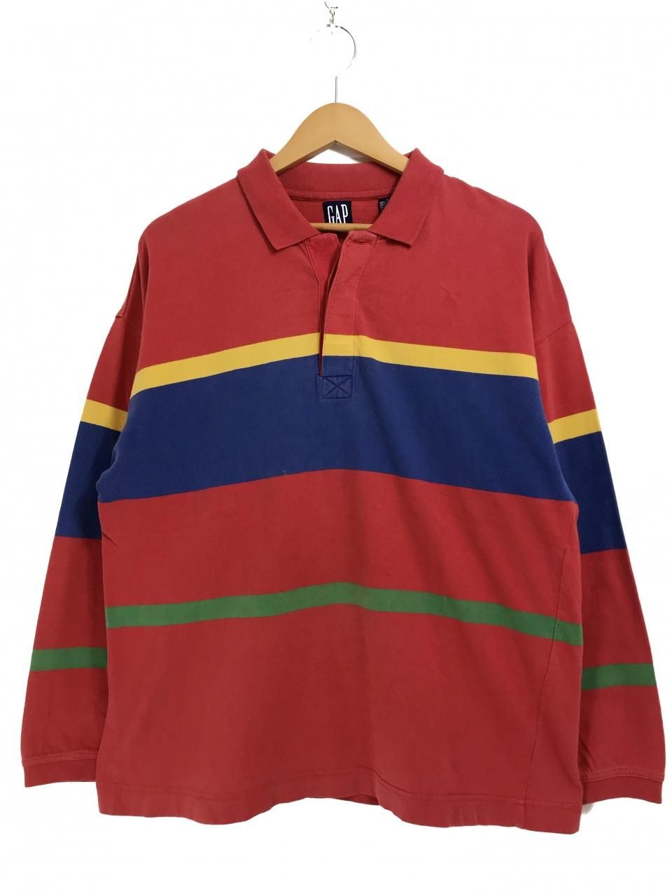 90s OLD GAP Multi Border Cotton L/S Polo Shirt マルチカラー S オールドギャップ 長袖ポロシャツ  ボーダー デカタグ 赤青緑黄 - NEWJOKE ONLINE STORE