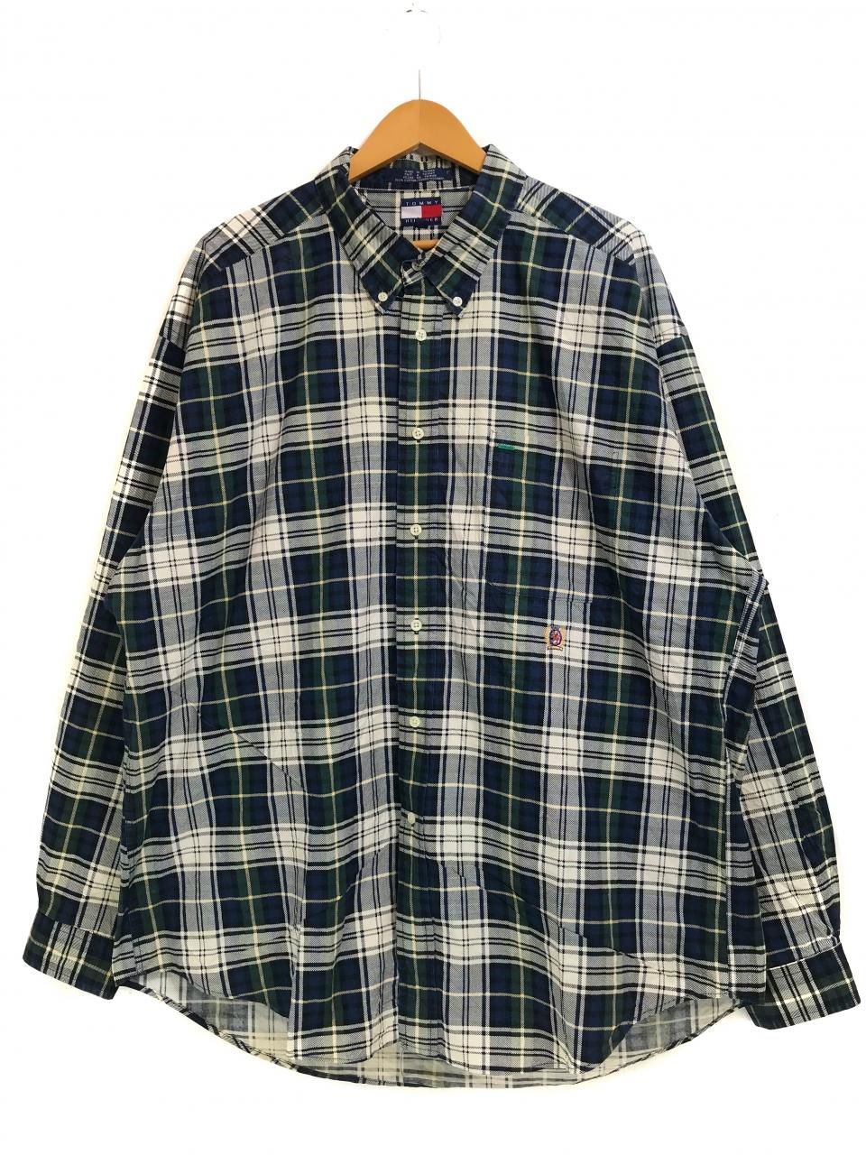 90s TOMMY HILFIGER Check Cotton BD L/S Shirt 紺緑白 XXL トミー