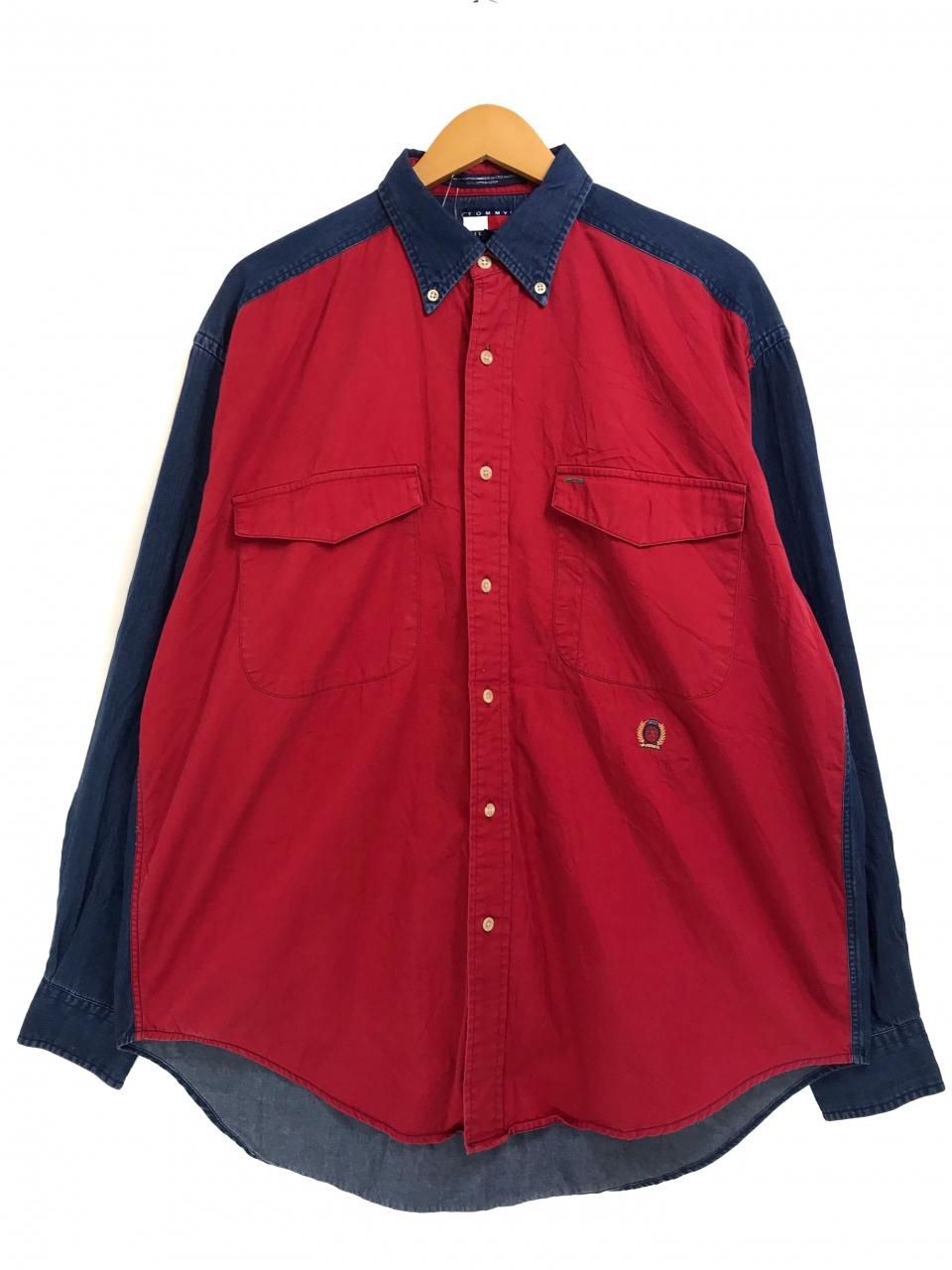 90s TOMMY HILFIGER 2 Tone Cotton BD L/S Shirt 赤紺 M トミー 90s TOMMY HILFIGER 2 Tone Cotton BD L/S Shirt 赤紺 M トミー