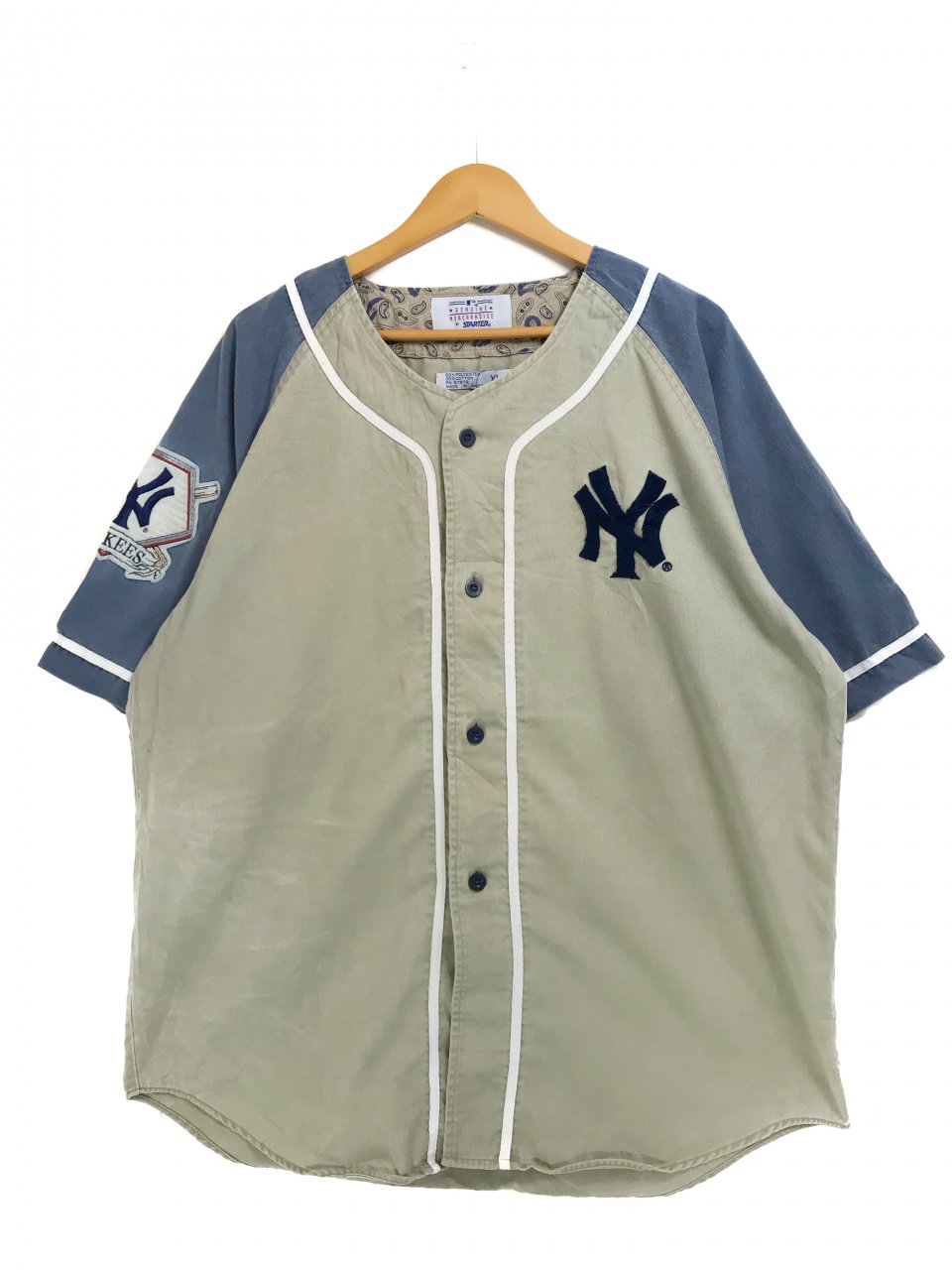 90s STARTER "NY YANKEES" Baseball Shirt カーキ青 XL スターター ニューヨークヤンキース