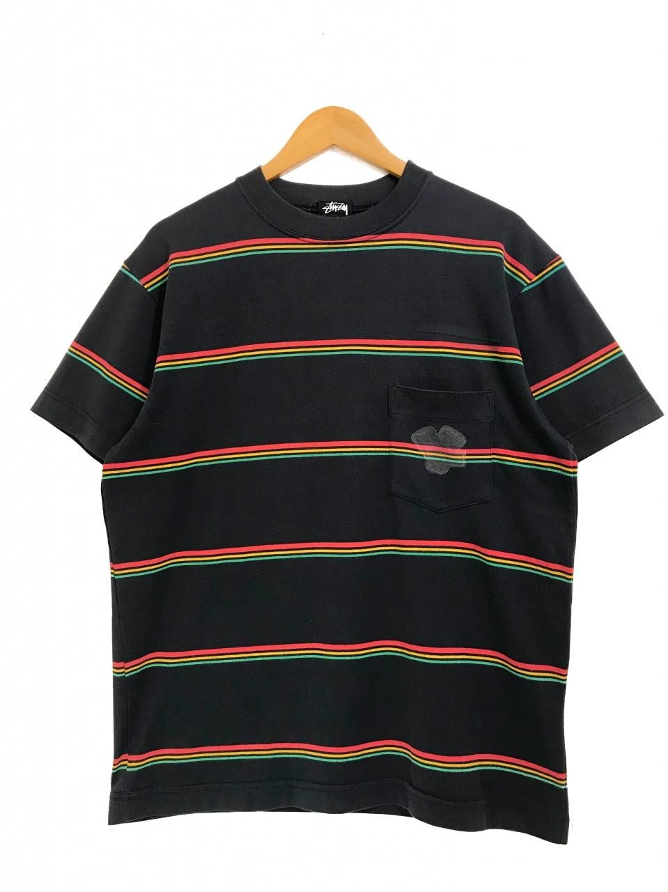 OZ製 80s OLD STUSSY Border Pocket S/S Tee 黒 M 黒タグ オールドステューシー 半袖 Tシャツ ポケT  ボーダー ラスタカラー オーストラリア製 - NEWJOKE ONLINE STORE