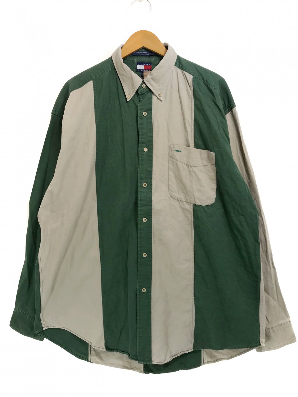 90s TOMMY HILFIGER Stripe Cotton BD L/S Shirt カーキ緑 XL トミーヒルフィガー ストライプ柄 切り替え  長袖 シャツ ボタンダウン 2トーン - NEWJOKE ONLINE STORE