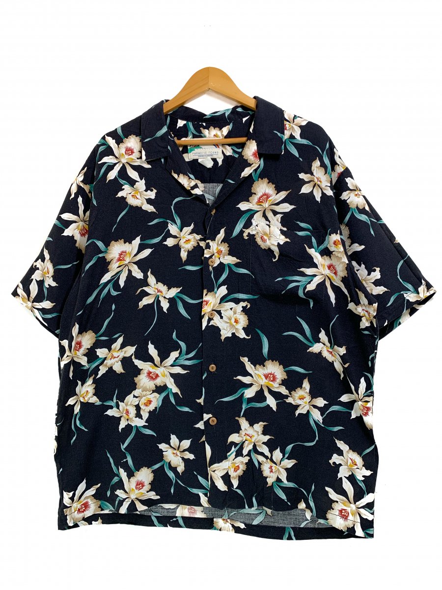 ハワイ製 PARADISE FOUND Rayon Aloha Shirt 黒 XL パラダイス 