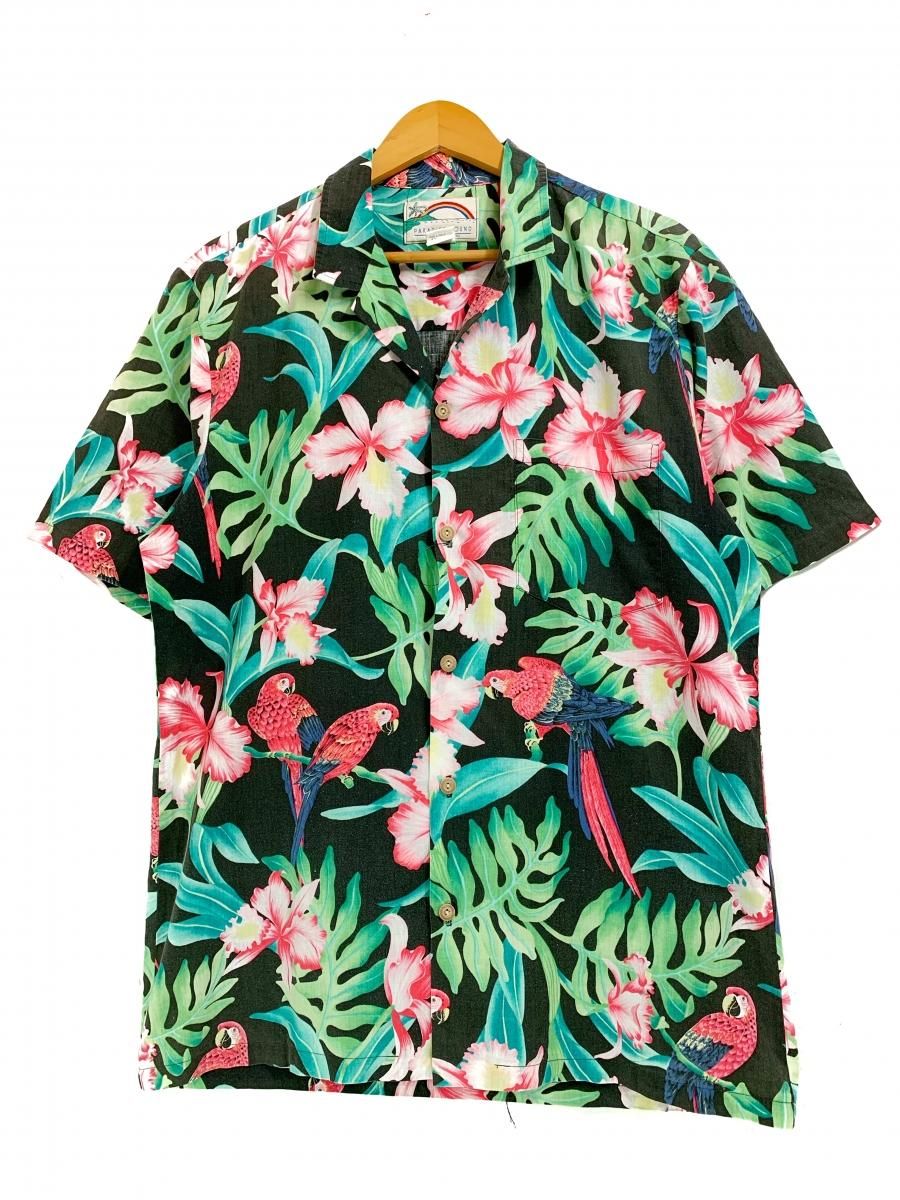 ハワイ製 PARADISE FOUND Rayon S/S Aloha Shirt 黒 L パラダイス 