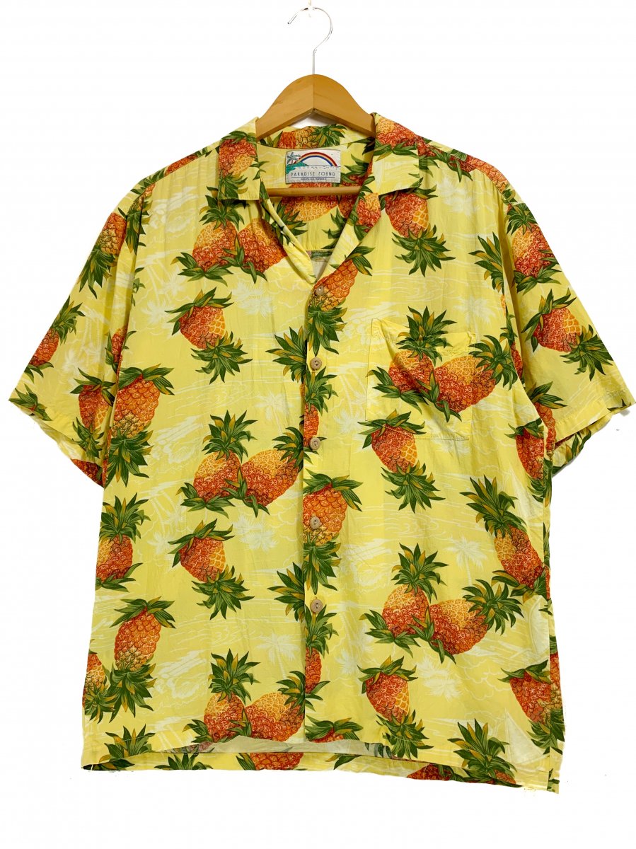 ハワイ製 PARADISE FOUND Rayon Aloha Shirt 黄 M パラダイス