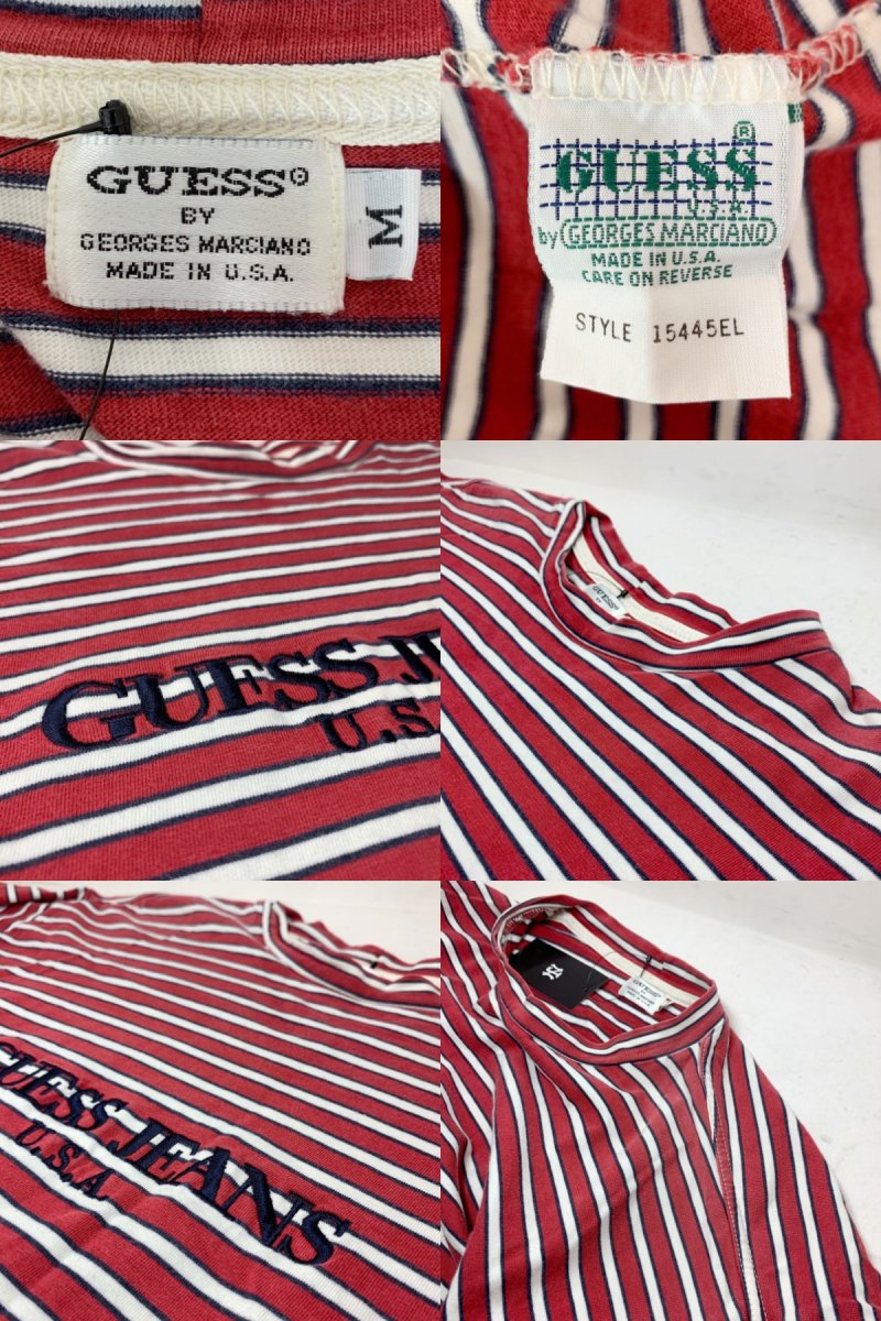 USA製 90s GUESS JEANS Logo Border S/S Tee 赤白紺 M ゲス 半袖 Tシャツ ボーダーT ロゴ 刺繍 レッド  NEWJOKE ONLINE STORE