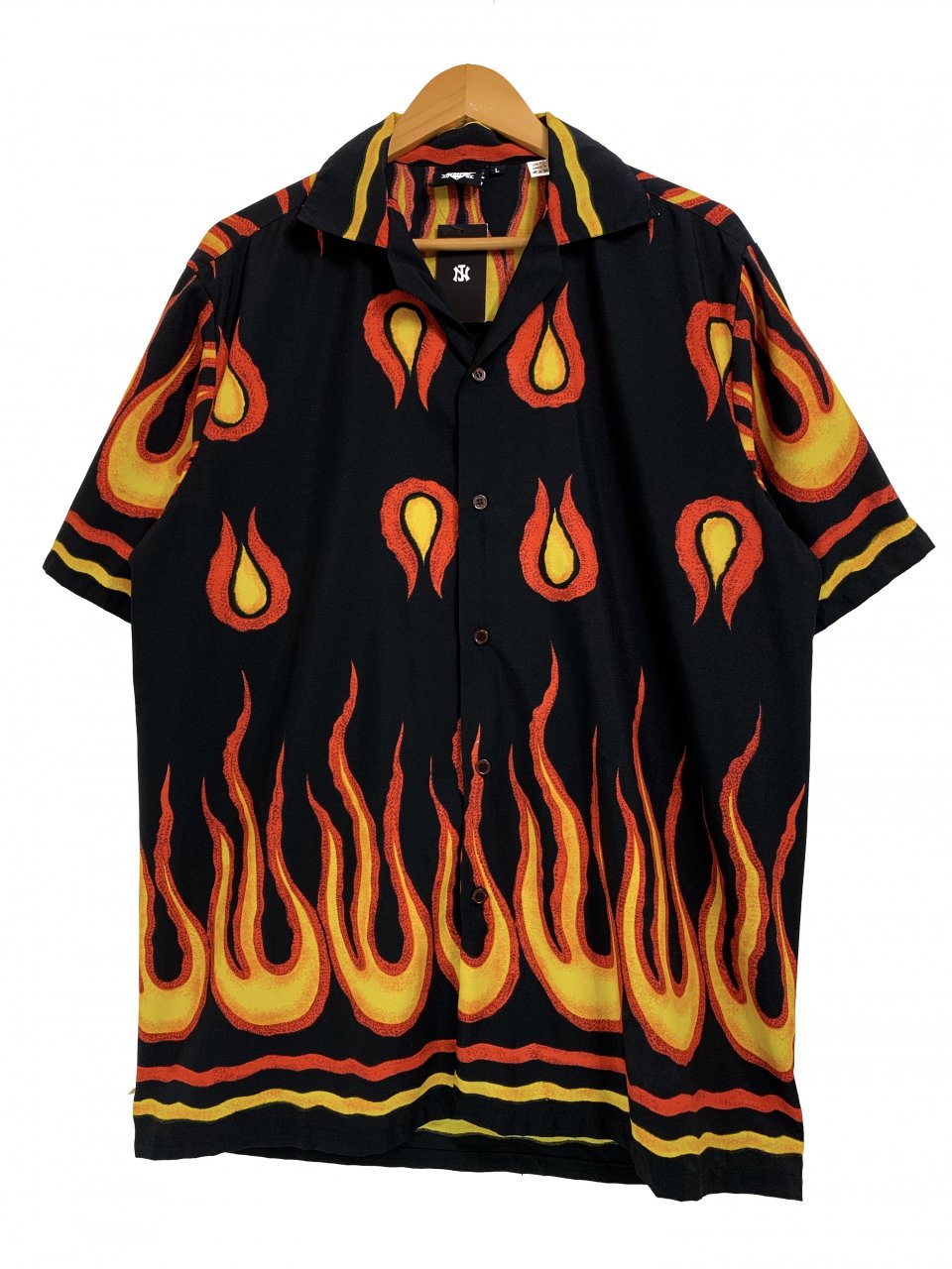 AMERICAN BIKER Fire Pattern Open Collar S/S Shirt 黒 L ファイヤーパターン フレイム プリント  半袖 開襟シャツ オープンカラーシャツ ブラック - NEWJOKE ONLINE STORE