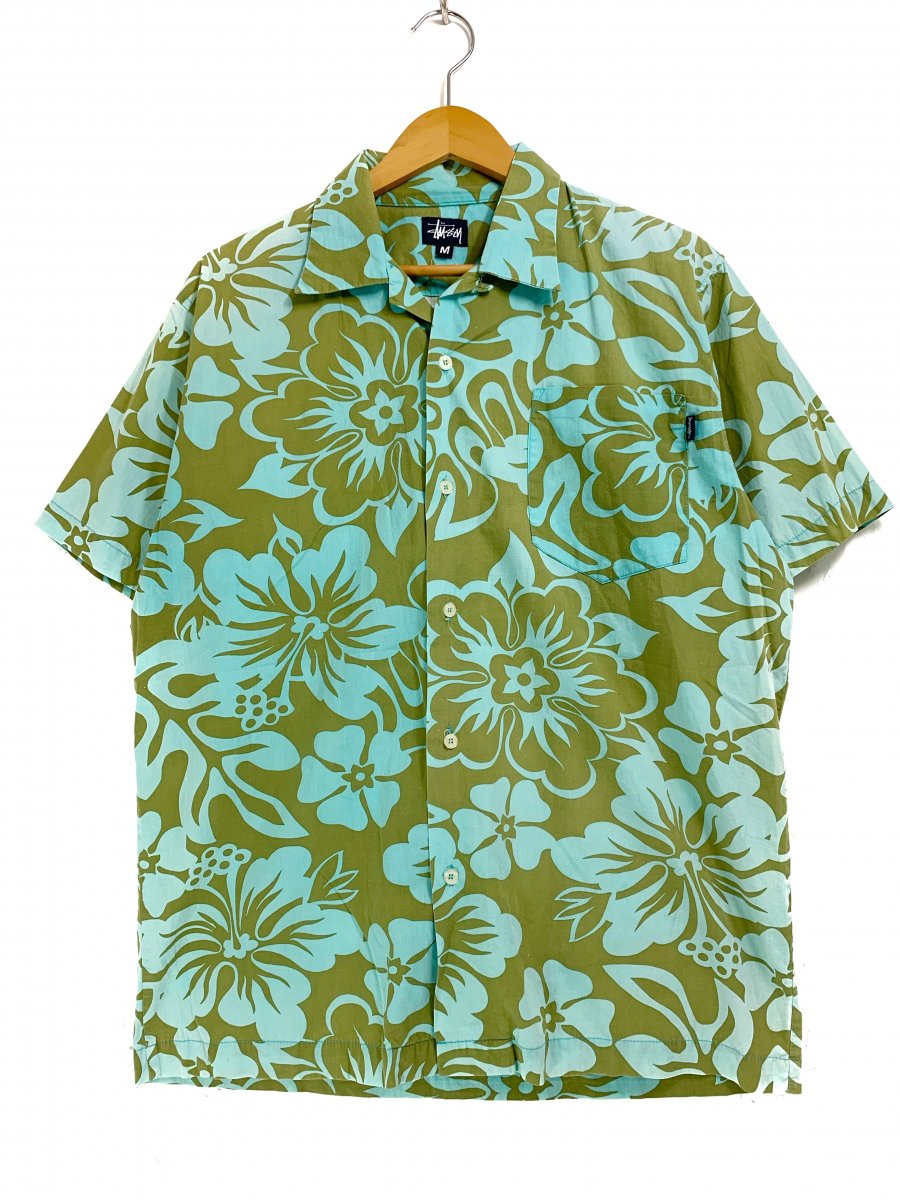 90s OLD STUSSY Cotton Aloha Shirt オリーブ M 紺タグ オールド