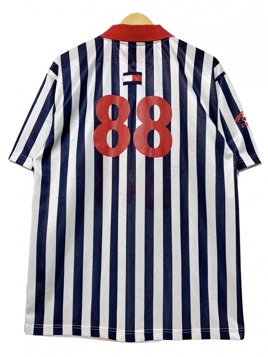 90s TOMMY HILFIGER Stripe Soccer Shirt 白紺 S(L相当) トミーヒルフィガー サッカーシャツ ユニフォーム  ストライプ トリコロール クレスト ロゴ 刺繍 - NEWJOKE ONLINE STORE