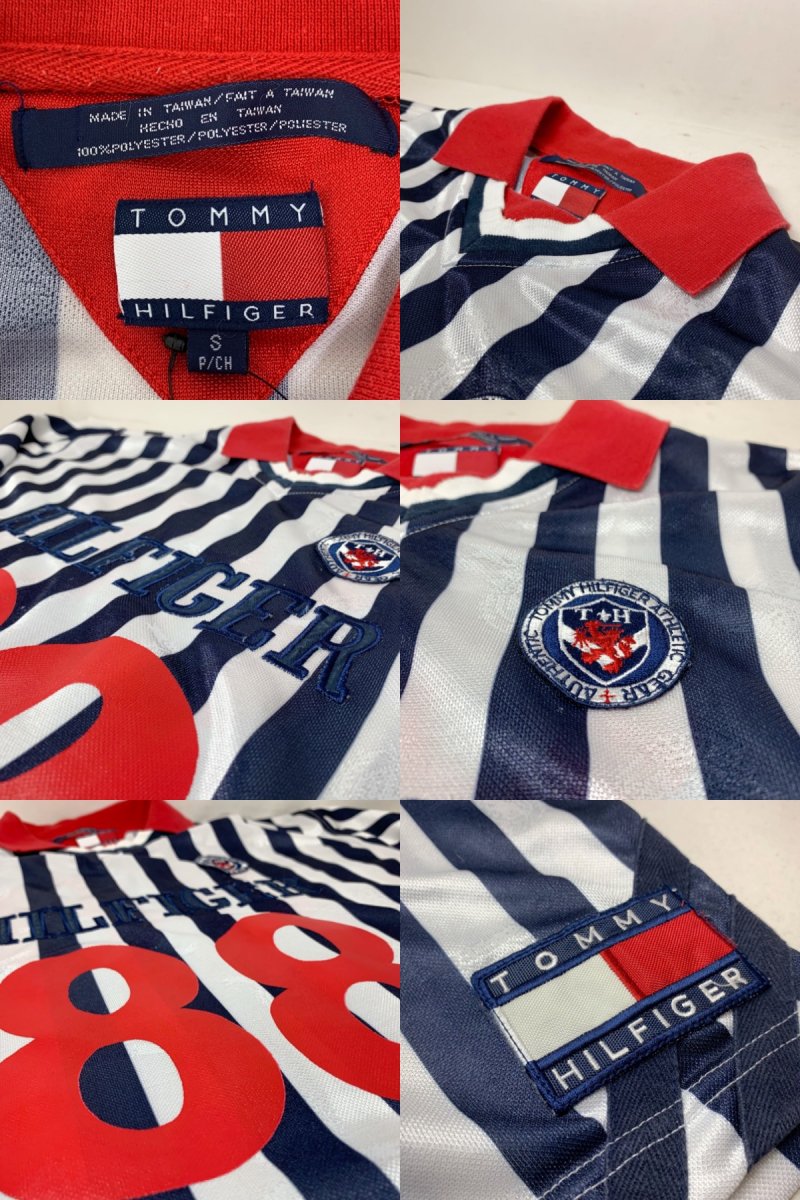 90s TOMMY HILFIGER Stripe Soccer Shirt 白紺 S(L相当) トミーヒルフィガー サッカーシャツ ユニフォーム  ストライプ トリコロール クレスト ロゴ 刺繍 - NEWJOKE ONLINE STORE