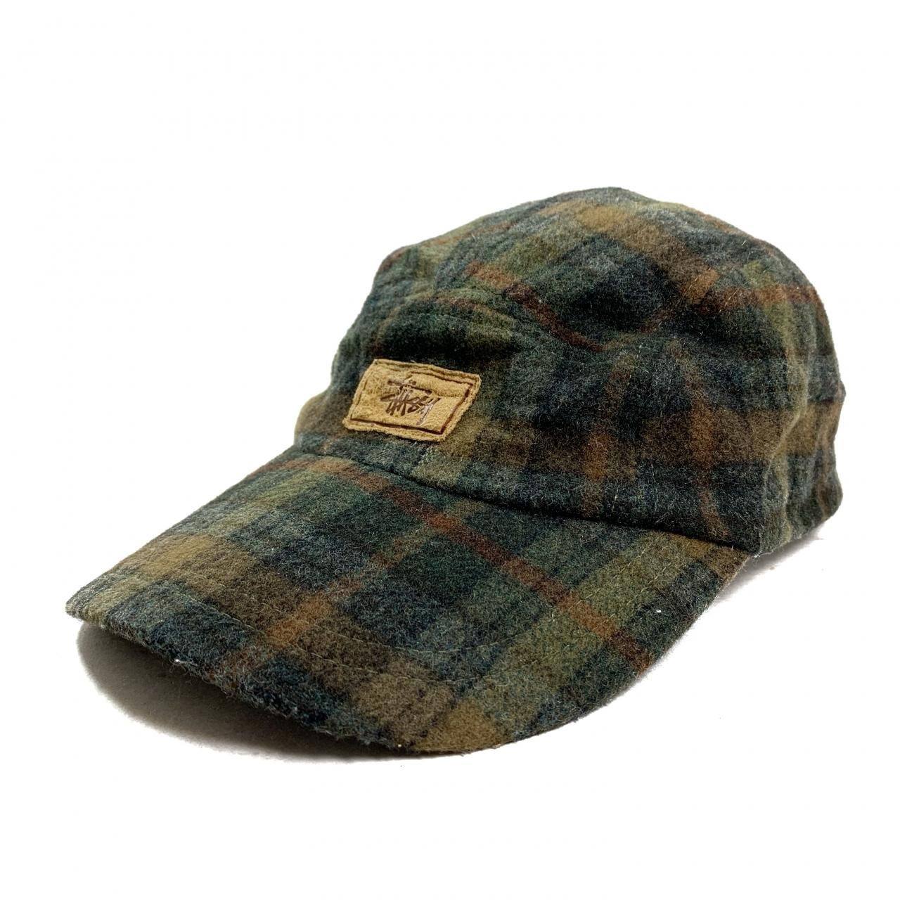 90s OLD STUSSY Check Wool Logo 5-Panel Cap オリーブ茶 オールド