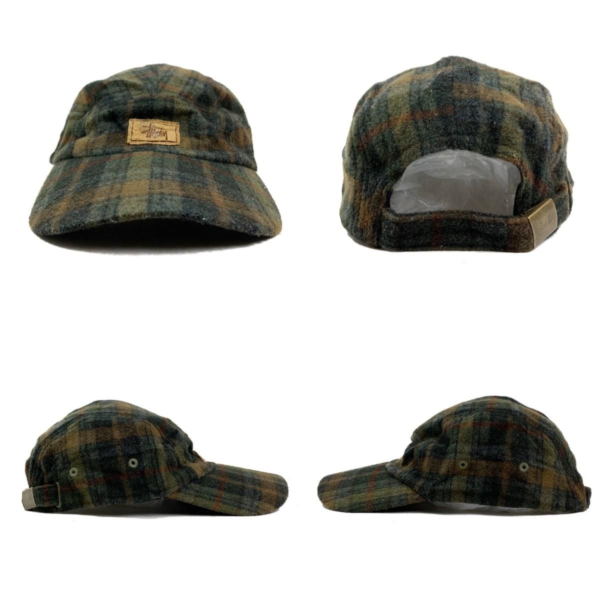 90s OLD STUSSY Check Wool Logo 5-Panel Cap オリーブ茶 オールド