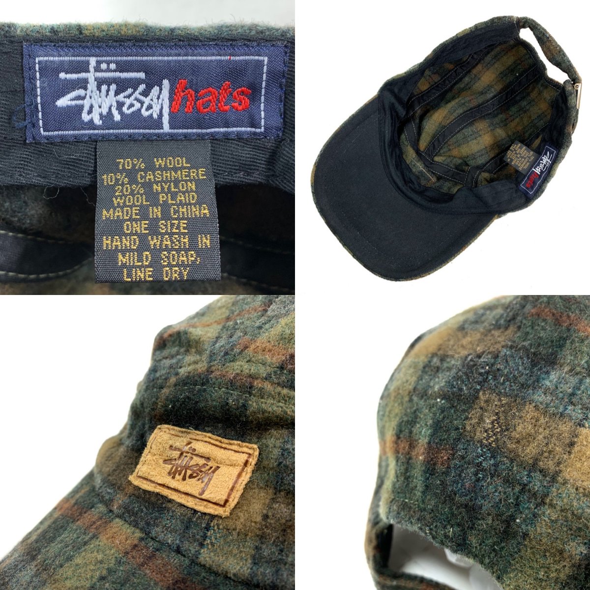 90s OLD STUSSY Check Wool Logo 5-Panel Cap オリーブ茶 オールド