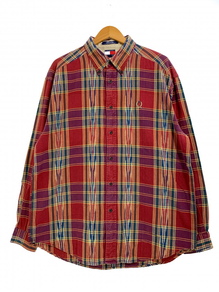 90s TOMMY HILFIGER Native Pattern Check BD L/S Shirt L 赤 トミー