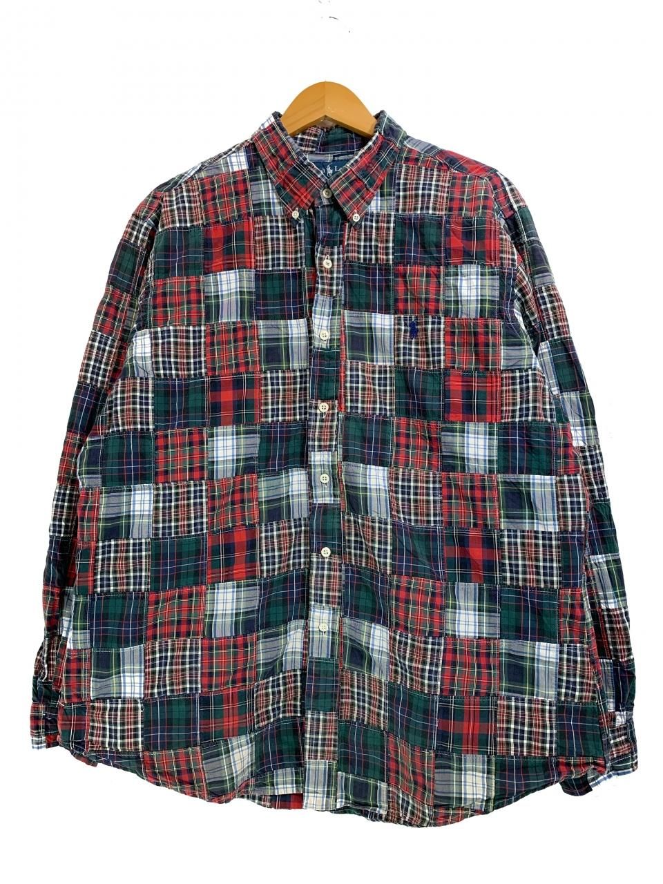 90s Polo Ralph Lauren Check Patchwork BD L/S Shirt 赤緑 XL ポロラルフローレン 長袖シャツ  ボタンダウン チェック柄 パッチワーク - NEWJOKE ONLINE STORE