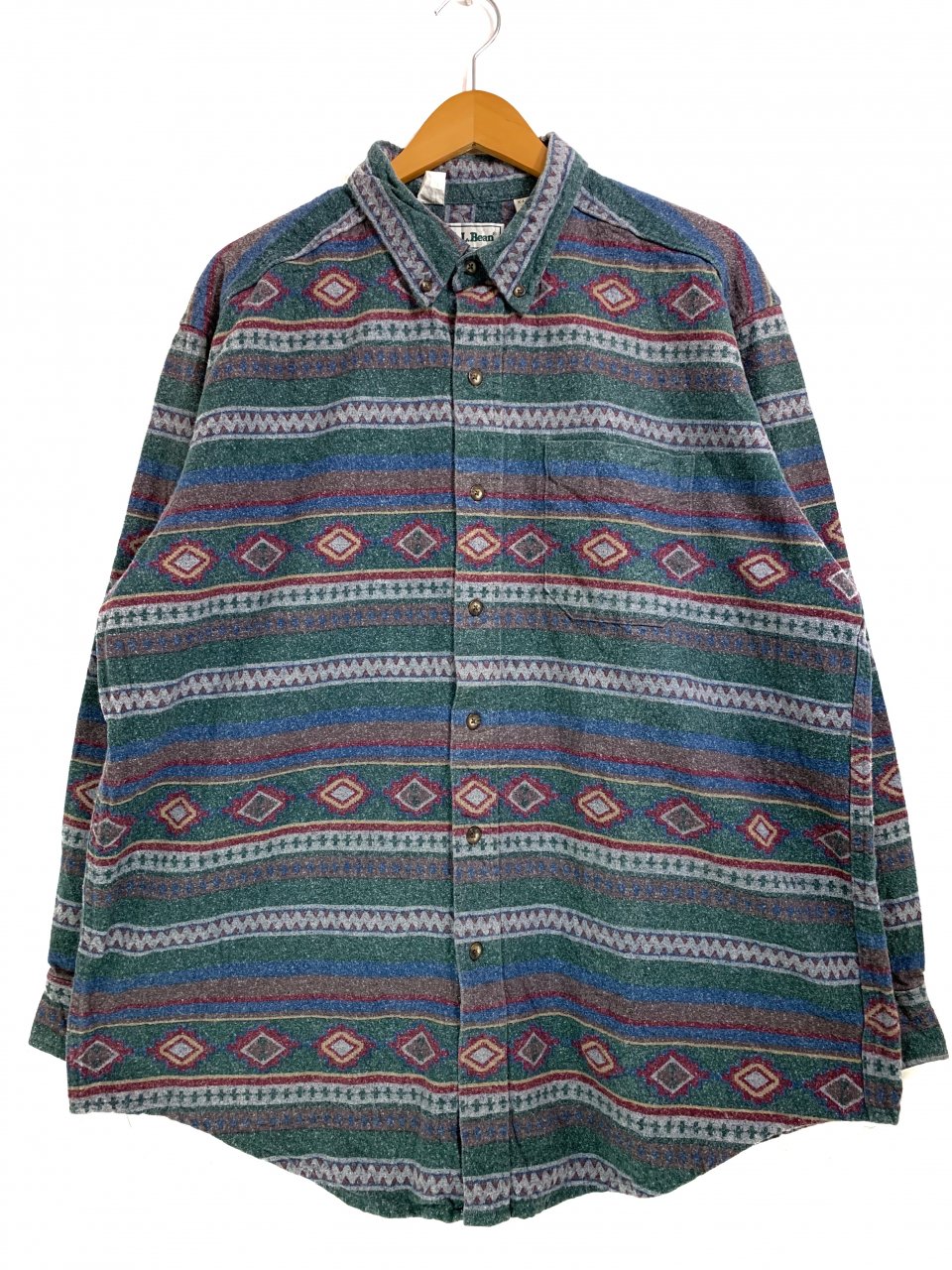 USA製 90s L.L.Bean Native Pattern Chamois Cloth BD L/S Shirts 緑灰 