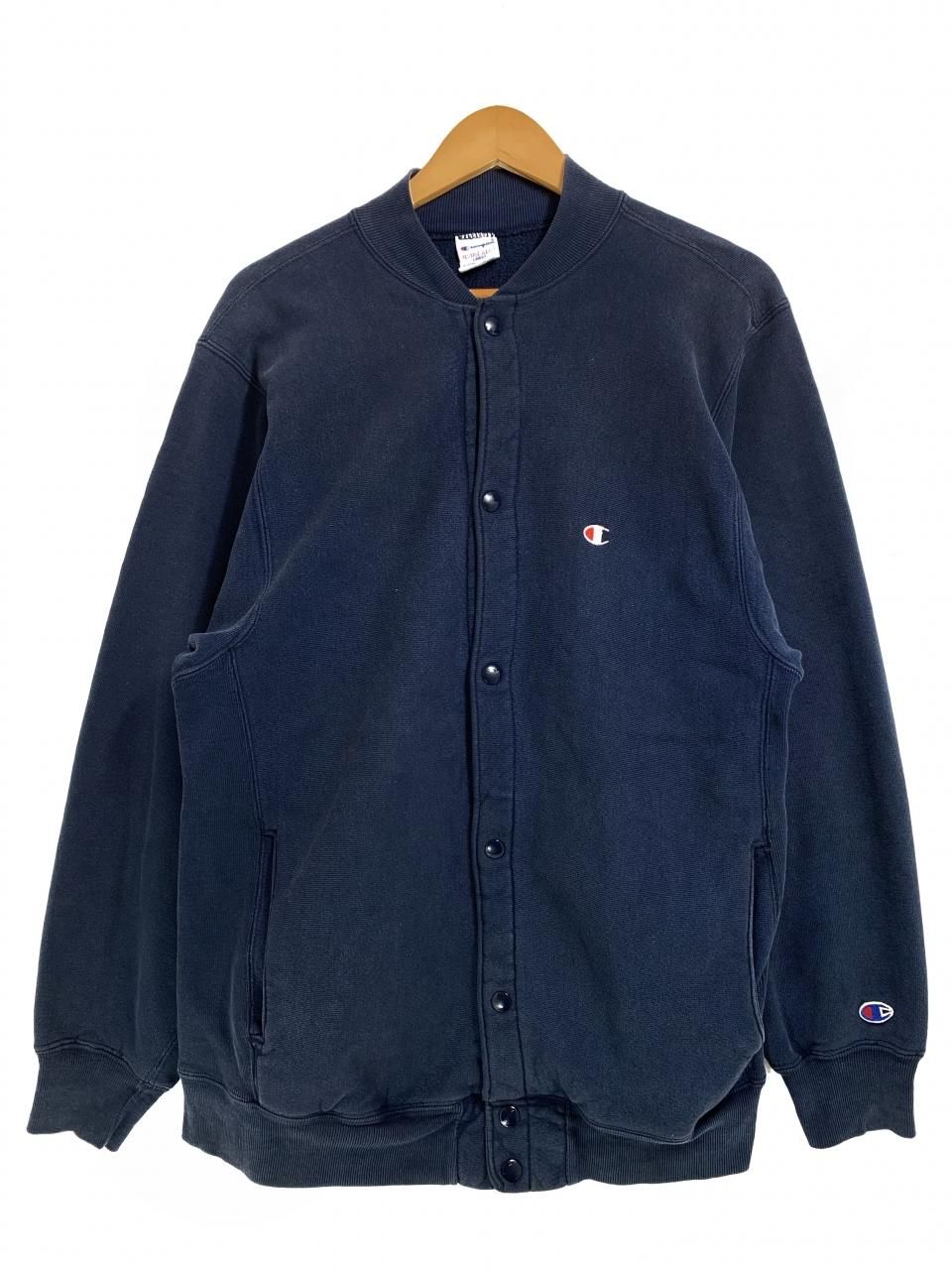 USA製 90s Champion Reverse Weave Snap Cardigan 紺 L 刺繍タグ