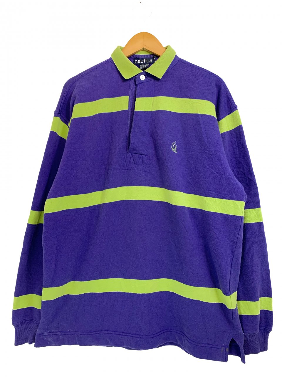 90s NAUTICA Border Sweat Rugger Shirt 紫黄緑 M ノーティカ 長袖