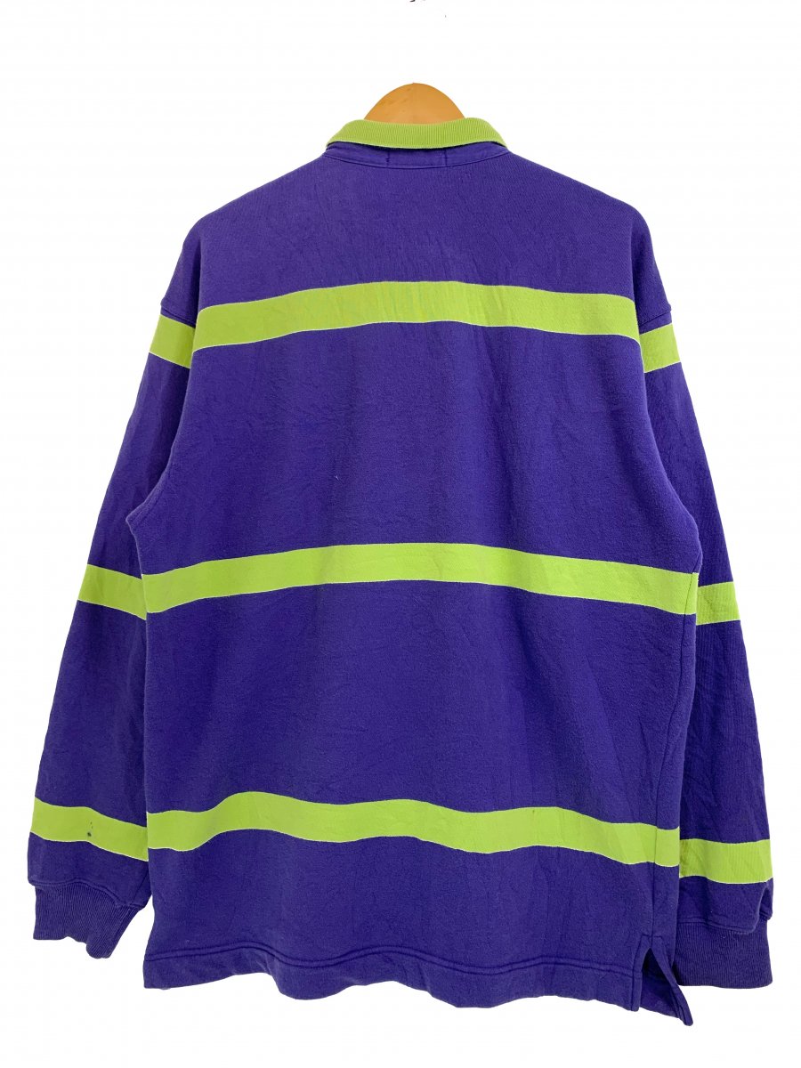 90s NAUTICA Border Sweat Rugger Shirt 紫黄緑 M ノーティカ 長袖 スウェット ラガーシャツ ポロシャツ ボーダー  ロゴ ワンポイント 刺繍 パープル NEWJOKE ONLINE STORE