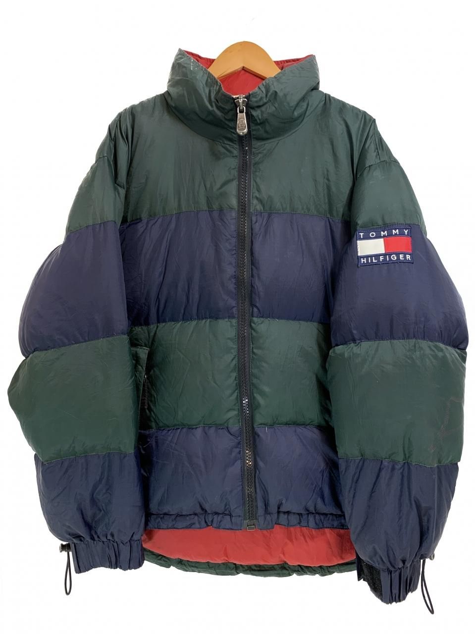 90s TOMMY HILFIGER Logo Down Jacket 緑紺赤 XL相当 トミー